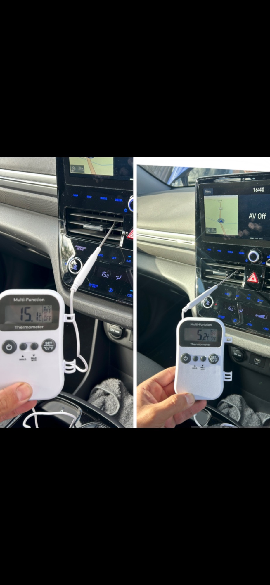 Thermometer comparison showing vent temperature before and after a vehicle air conditioning diagnostic check