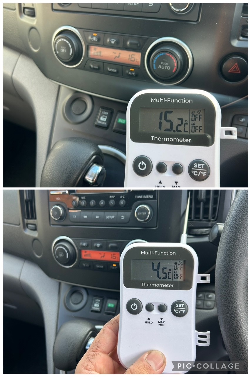 Thermometer readings showing vent temperature drop after a vehicle air conditioning re-gas